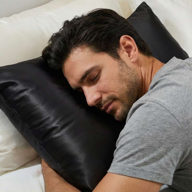 Man sleeping on a smooth mulberry silk pillowcase designed to reduce friction and support skin and hair during sleep