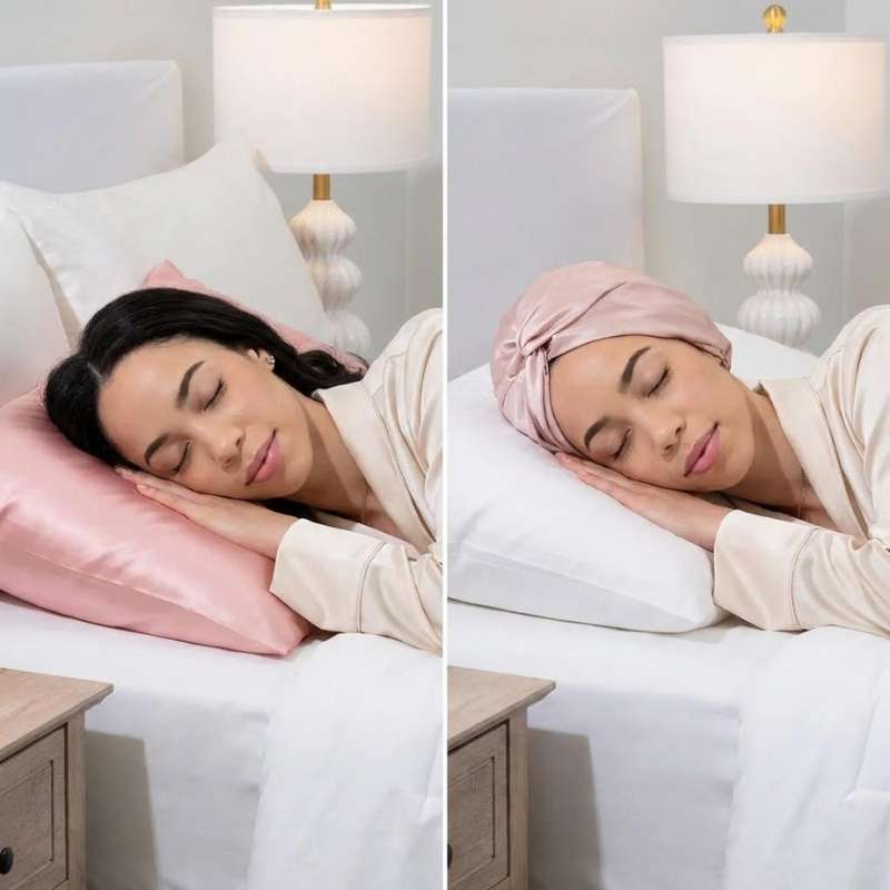 Side-by-side silk pillowcase and silk bonnet comparison for smoother hair and skin after waking**