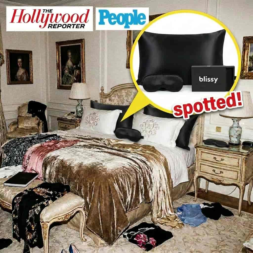 Celebrity bedroom photo featuring Blissy silk pillowcase and sleep mask highlighted by People and The Hollywood Reporter.