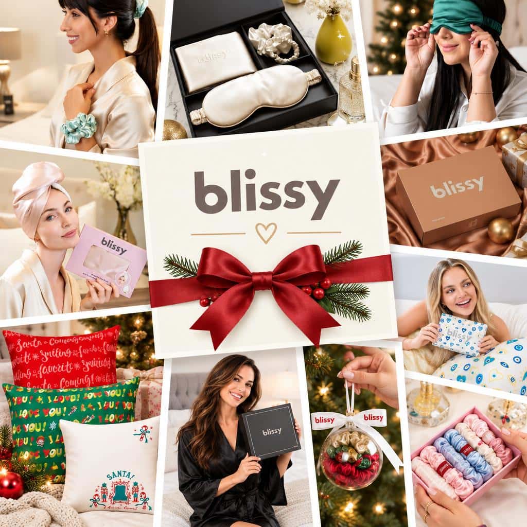 Collage of Blissy silk gift ideas for the holidays, including Elf pillowcases, a Dream Set, sleep masks, a black robe, and a scrunchie ornament