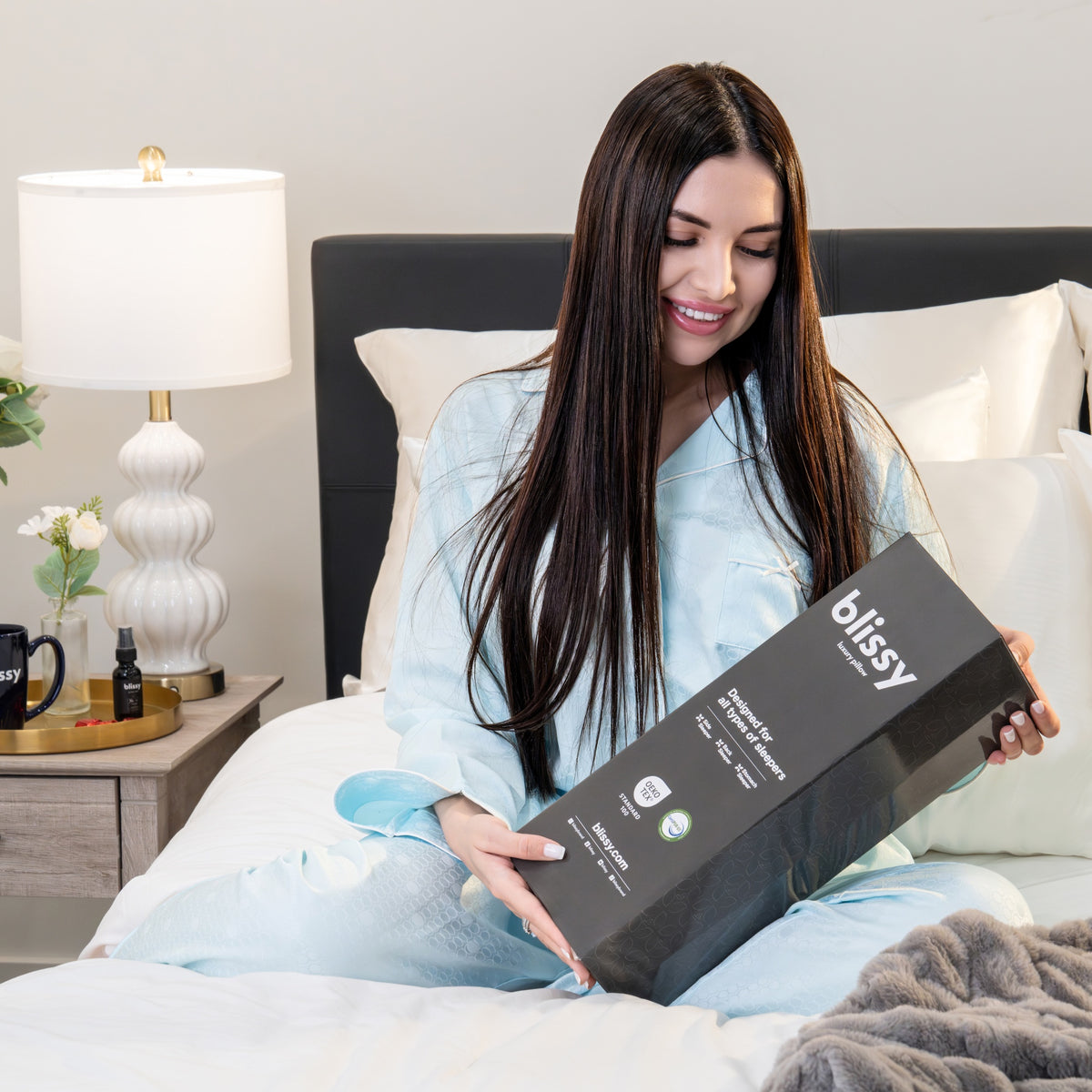 Blissy King Crescent Signature Adjustable Pillow Lifestyle – Mulberry Silk