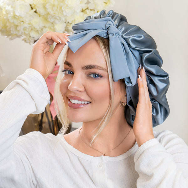 Blissy Ash Blue Silk Blissy Bow Bonnet Detail –