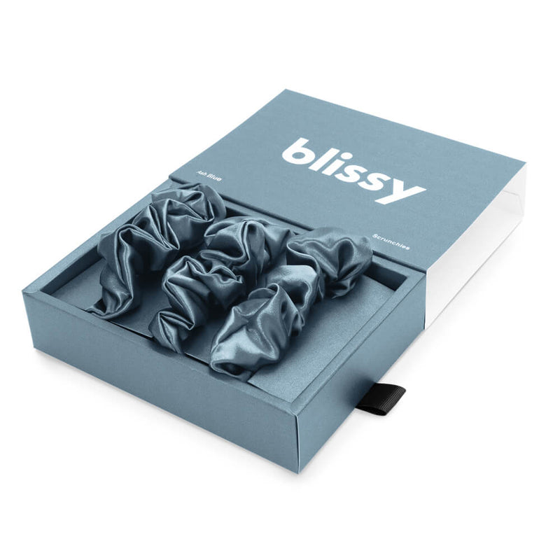 Blissy Scrunchies - Ash Blue - Blissy 100% Mulberry Silk Hair Ties Silk Blissy Silk Scrunchies (3-Pack) Detail –