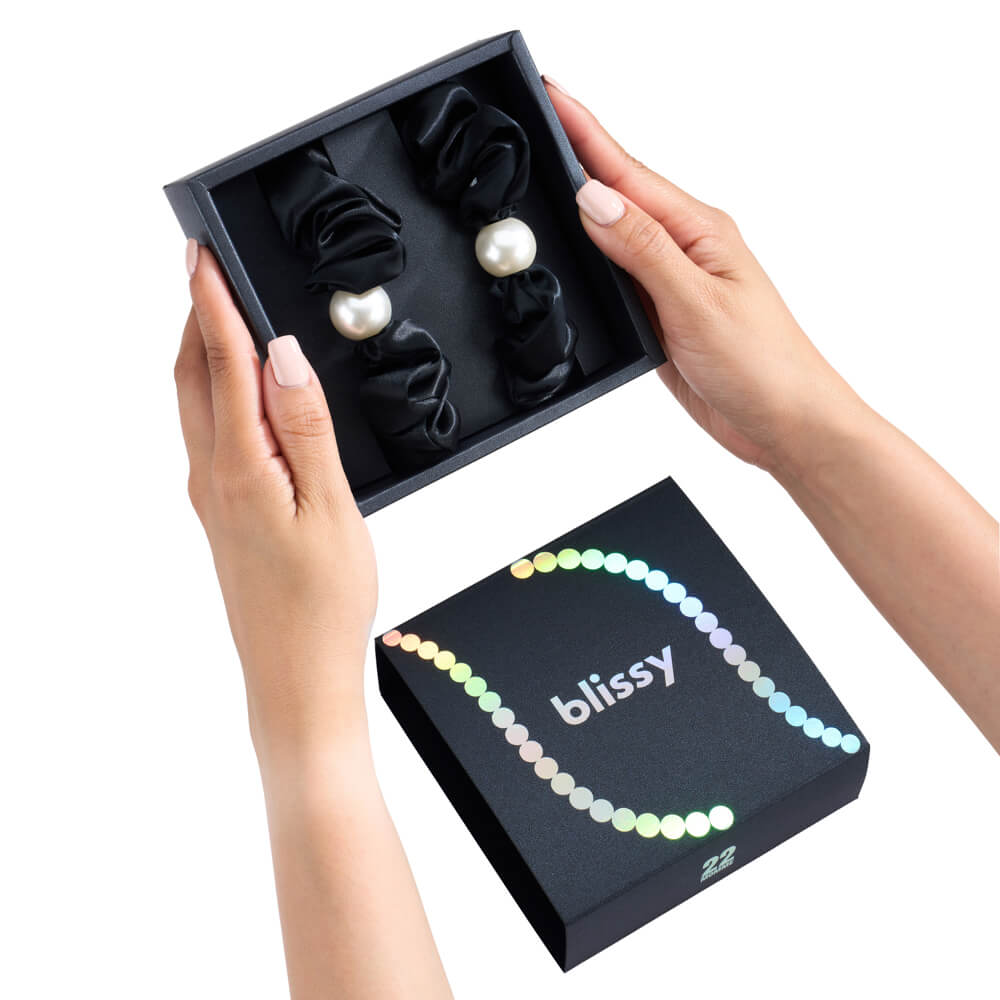 Blissy Black Blissy Pearl Scrunchies – 22 Momme Mulberry Silk, 100% Silk