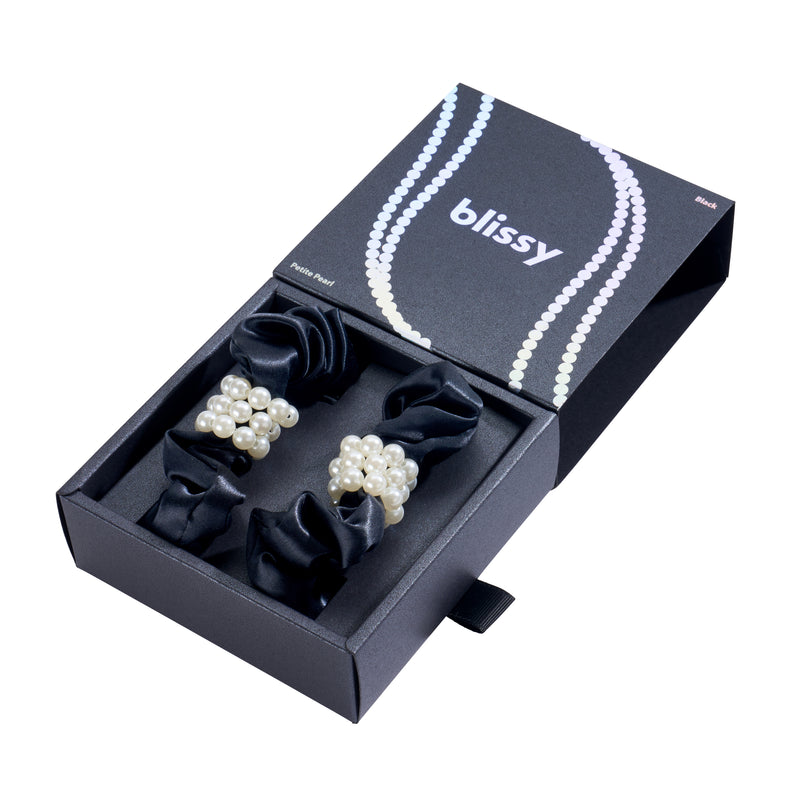 Blissy Petite Pearl Scrunchies - Black - Blissy Black Blissy Petite Pearl Scrunchies – 22 Momme Mulberry Silk, 100% Silk