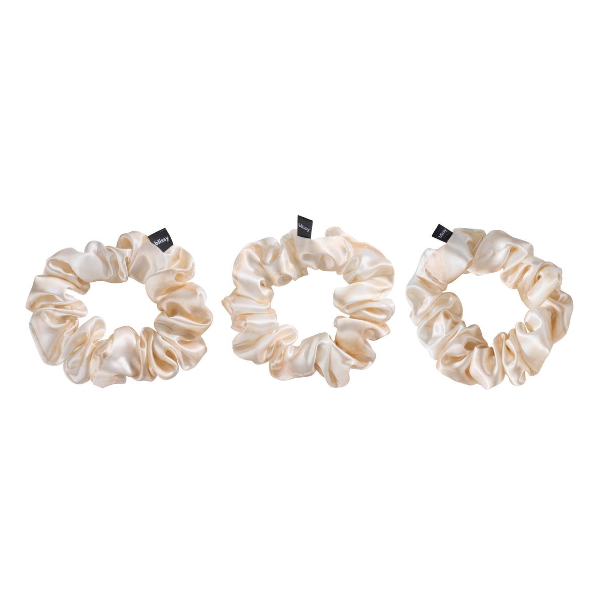 Champagne Marble Blissy Scrunchies Close-Up – Blissy 22 Momme Silk