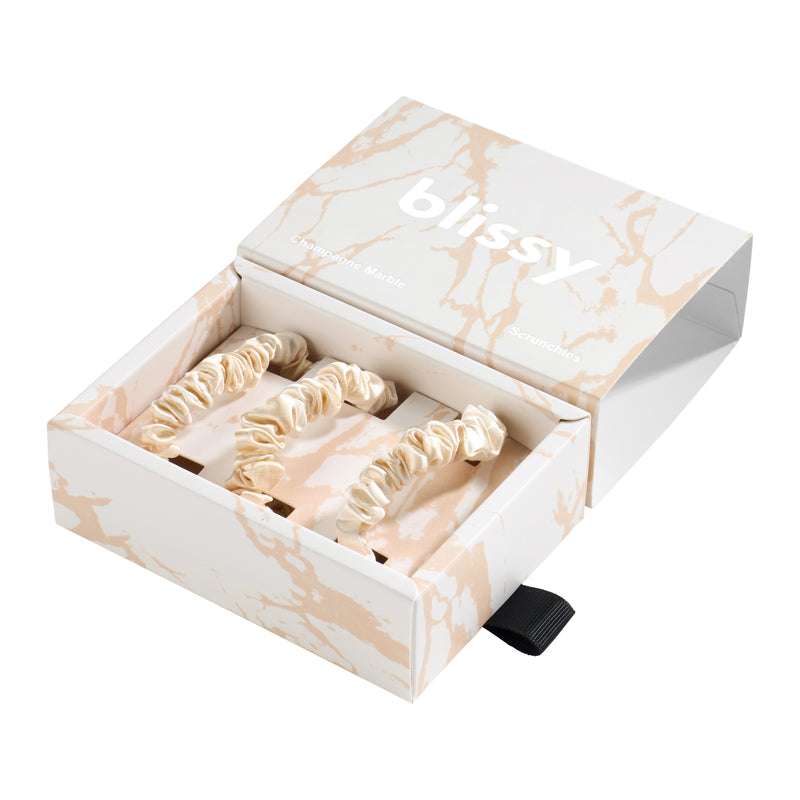 Blissy Skinny Scrunchies - Champagne Marble - Blissy Champagne Marble Blissy Skinny Scrunchies – 22 Momme Mulberry Silk, 100% Silk
