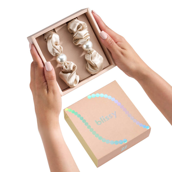 Blissy Champagne Blissy Pearl Scrunchies – 22 Momme Mulberry Silk, 100% Silk