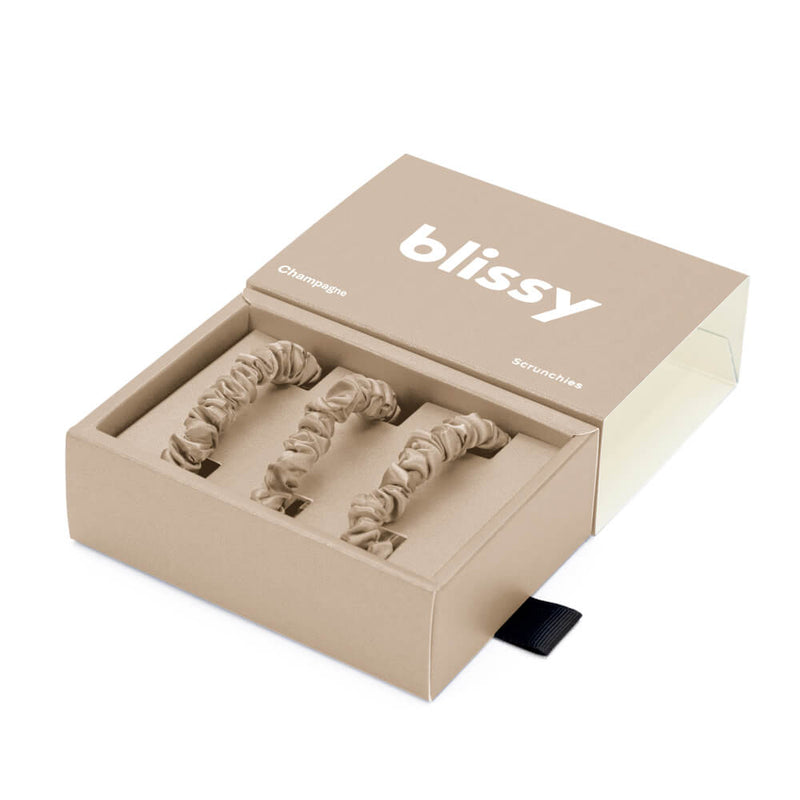 Blissy Skinny Scrunchies - Champagne - 100% Mulberry Silk Hair Ties Blissy Silk Skinny Scrunchies (3-Pack) Close-Up – Blissy 22 Momme Silk