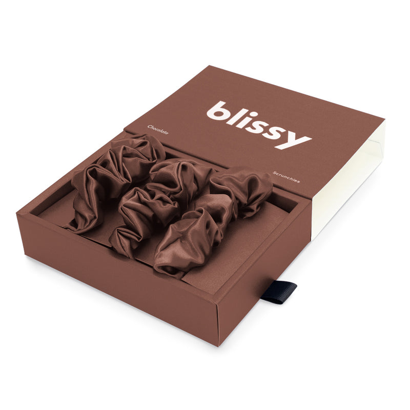 Blissy Scrunchies - Chocolate - Blissy Chocolate Blissy Scrunchies – 22 Momme Mulberry Silk, 100% Silk