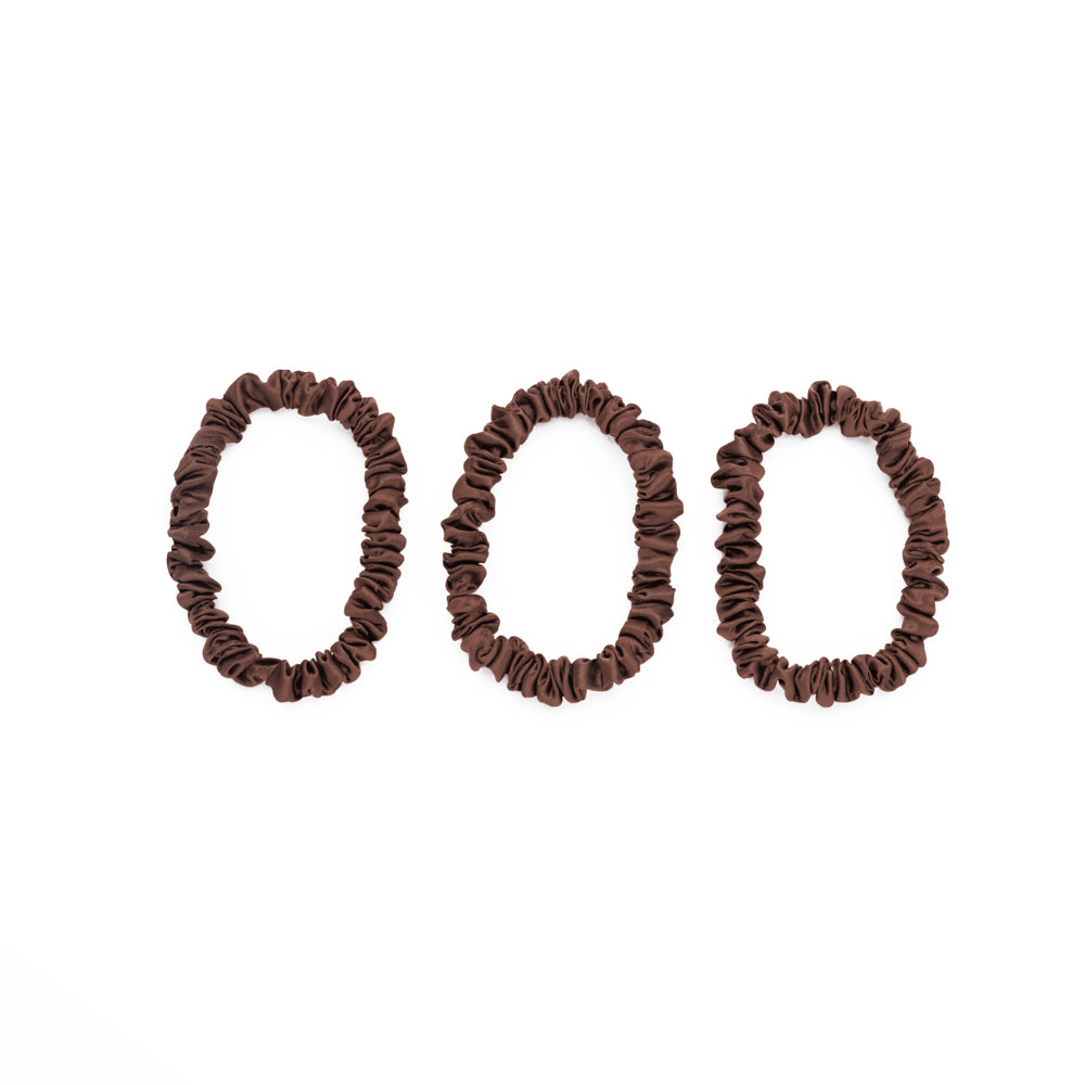 Chocolate Blissy Skinny Scrunchies Close-Up – Blissy 22 Momme Silk