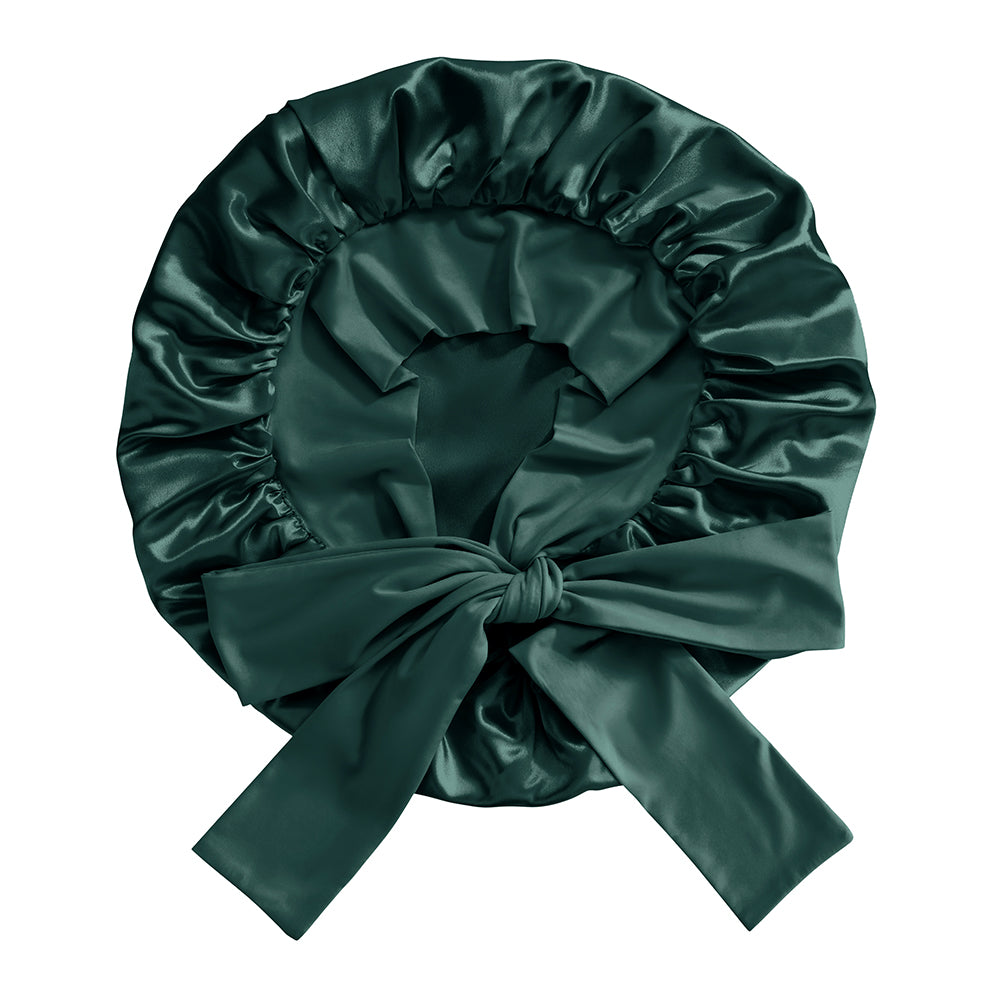 Emerald Blissy Bow Bonnet Close-Up – Blissy 22 Momme Silk