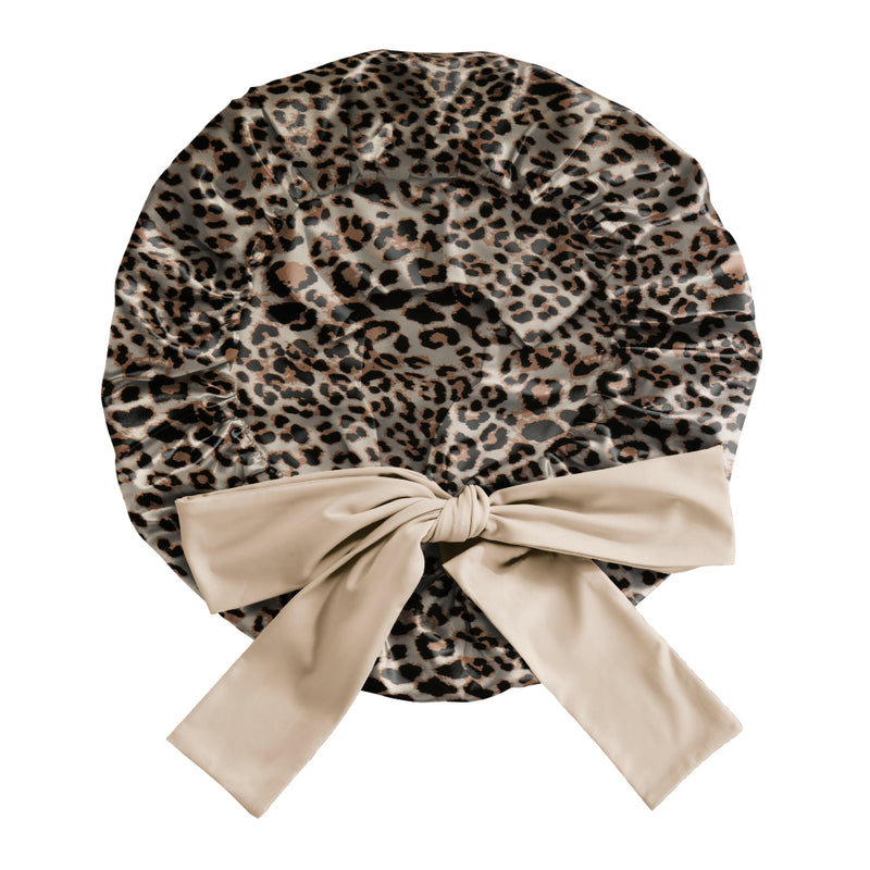 Leopard Blissy Bow Bonnet Close-Up – Blissy 22 Momme Silk
