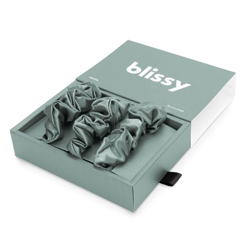 Blissy Scrunchies - Matcha - Blissy 100% Mulberry Silk Hair Ties Blissy Silk Scrunchies (3-Pack) Lifestyle – Mulberry Silk