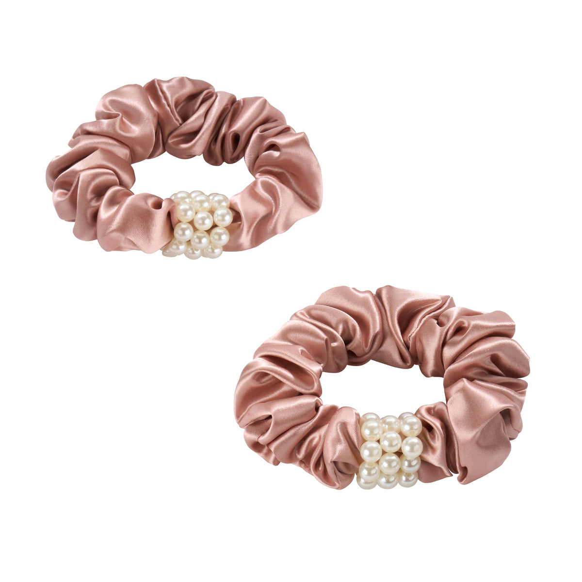 Rose Gold Blissy Petite Pearl Scrunchies Close-Up – Blissy 22 Momme Silk