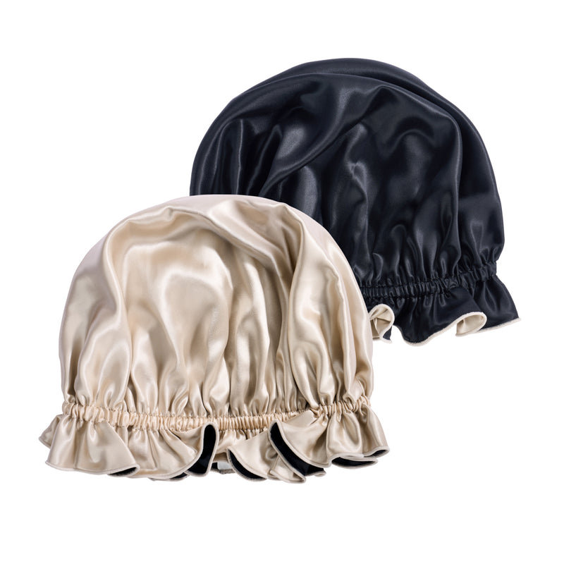 Blissy Ruffle Bonnet - Champagne/Black - Blissy Champagne/Black Ruffle Bonnet – 22 Momme Mulberry Silk, 100% Silk
