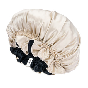 Blissy Ruffle Bonnet - Champagne/Black - Blissy Champagne/Black Ruffle Bonnet – 22 Momme Mulberry Silk, 100% Silk
