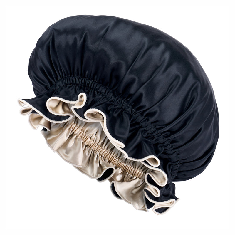 Blissy Ruffle Bonnet - Champagne/Black - Blissy Champagne/Black Ruffle Bonnet – 22 Momme Mulberry Silk, 100% Silk