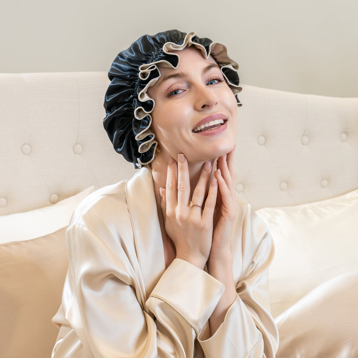 Blissy Champagne/Black Ruffle Bonnet – 22 Momme Mulberry Silk, 100% Silk – Lifestyle