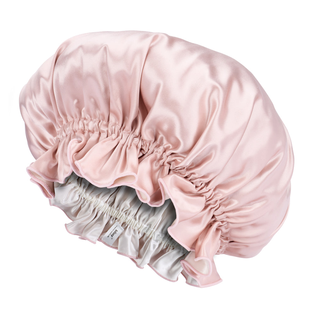 Blissy Pink/White Ruffle Bonnet – 22 Momme Mulberry Silk, 100% Silk