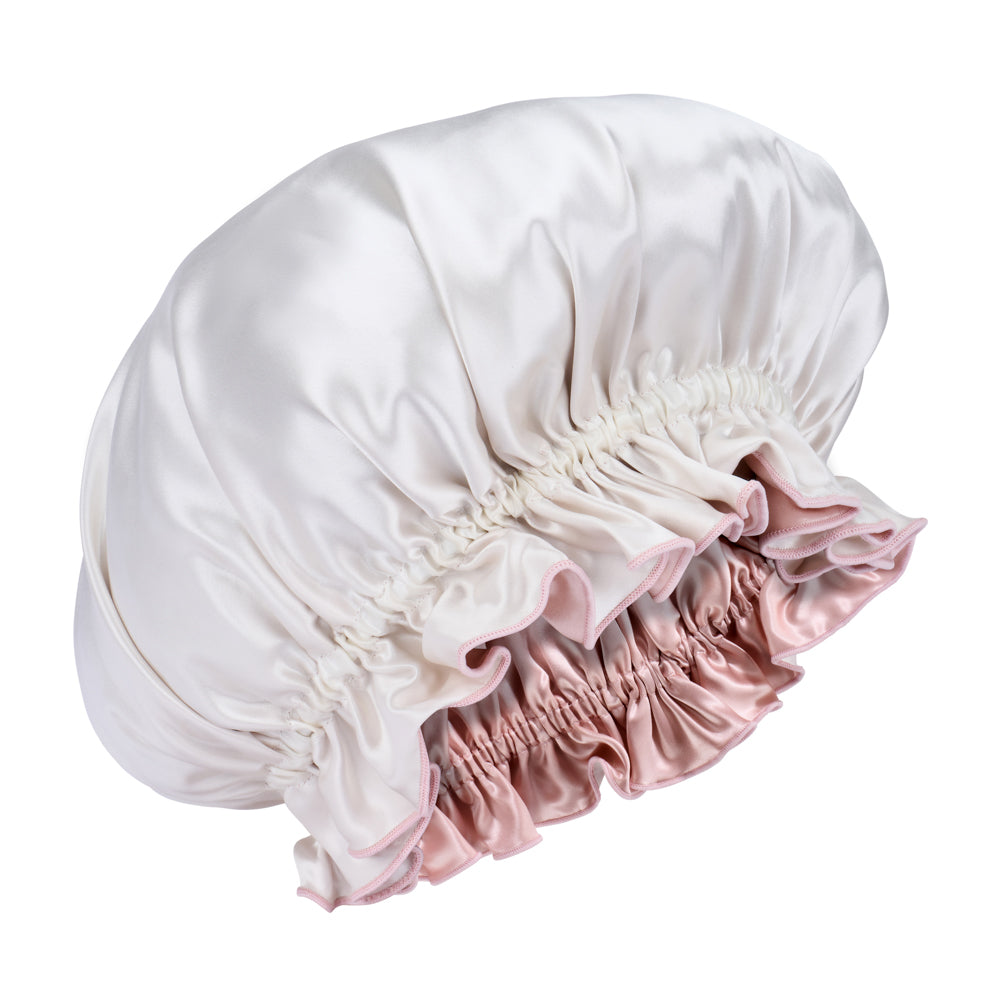 Blissy Pink/White Ruffle Bonnet – 22 Momme Mulberry Silk, 100% Silk