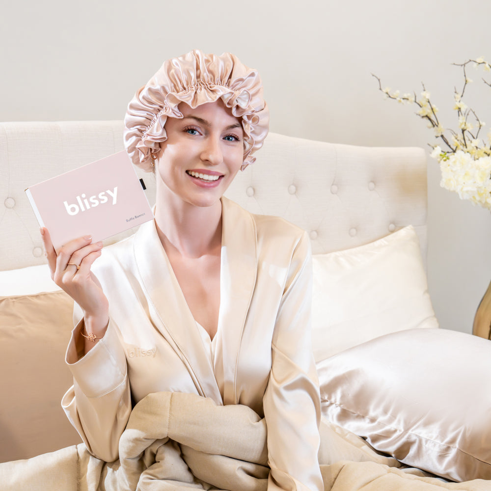 Blissy Pink/White Ruffle Bonnet – 22 Momme Mulberry Silk, 100% Silk – Lifestyle