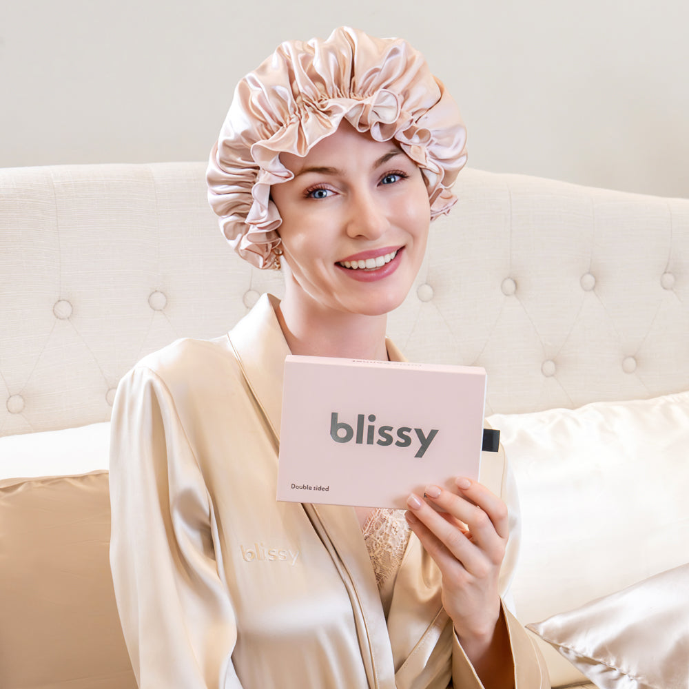 Blissy Pink/White Ruffle Bonnet – 22 Momme Mulberry Silk, 100% Silk – Lifestyle