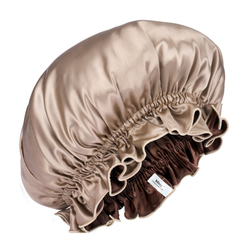 Blissy Ruffle Bonnet - Taupe/Chocolate - Blissy Taupe/Chocolate Ruffle Bonnet – 22 Momme Mulberry Silk, 100% Silk