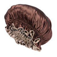 Blissy Ruffle Bonnet - Taupe/Chocolate - Blissy Taupe/Chocolate Ruffle Bonnet – 22 Momme Mulberry Silk, 100% Silk