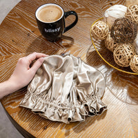 Blissy Ruffle Bonnet - Taupe/Chocolate - Blissy Taupe/Chocolate Ruffle Bonnet – 22 Momme Mulberry Silk, 100% Silk – Lifestyle