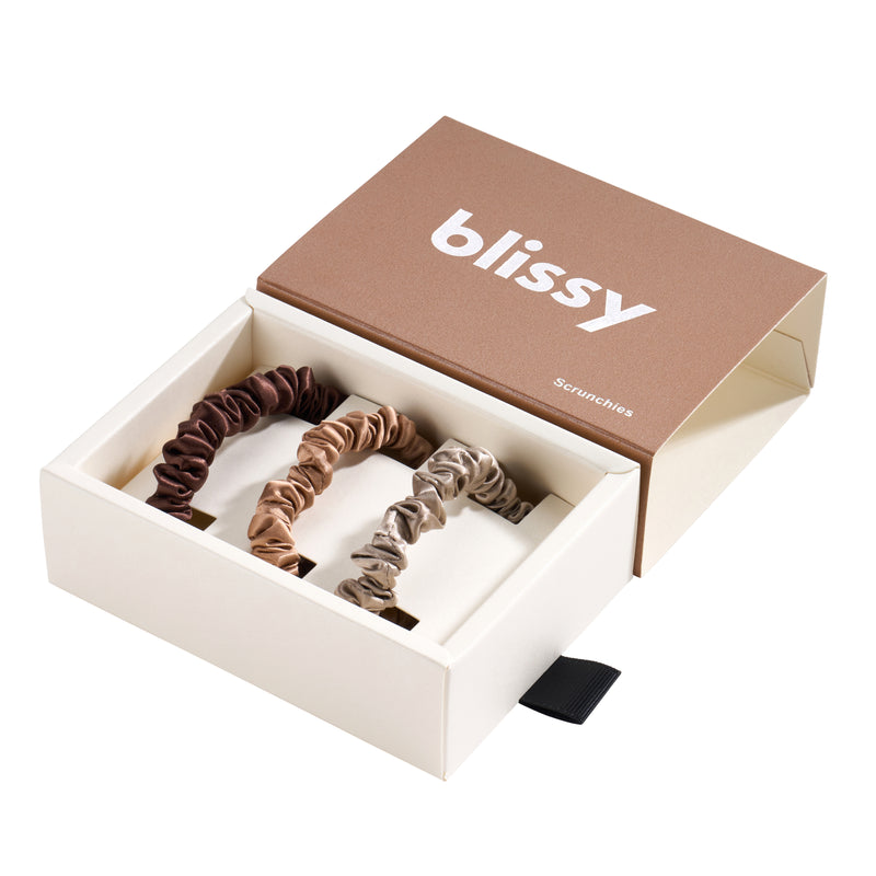 Blissy Skinny Scrunchies - Taupe, Cinnamon, Brown - Blissy Taupe, Cinnamon, Brown Blissy Skinny Scrunchies – 22 Momme Mulberry Silk, 100% Silk