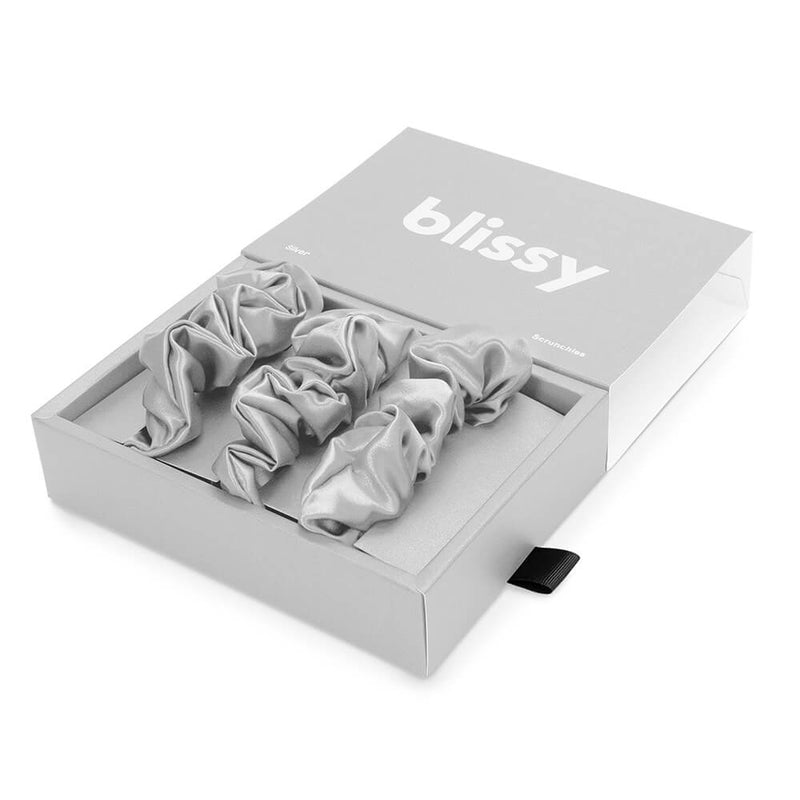 Blissy Scrunchies - Silver - Blissy 100% Mulberry Silk Hair Ties Blissy Silk Scrunchies (3-Pack) Lifestyle – Mulberry Silk