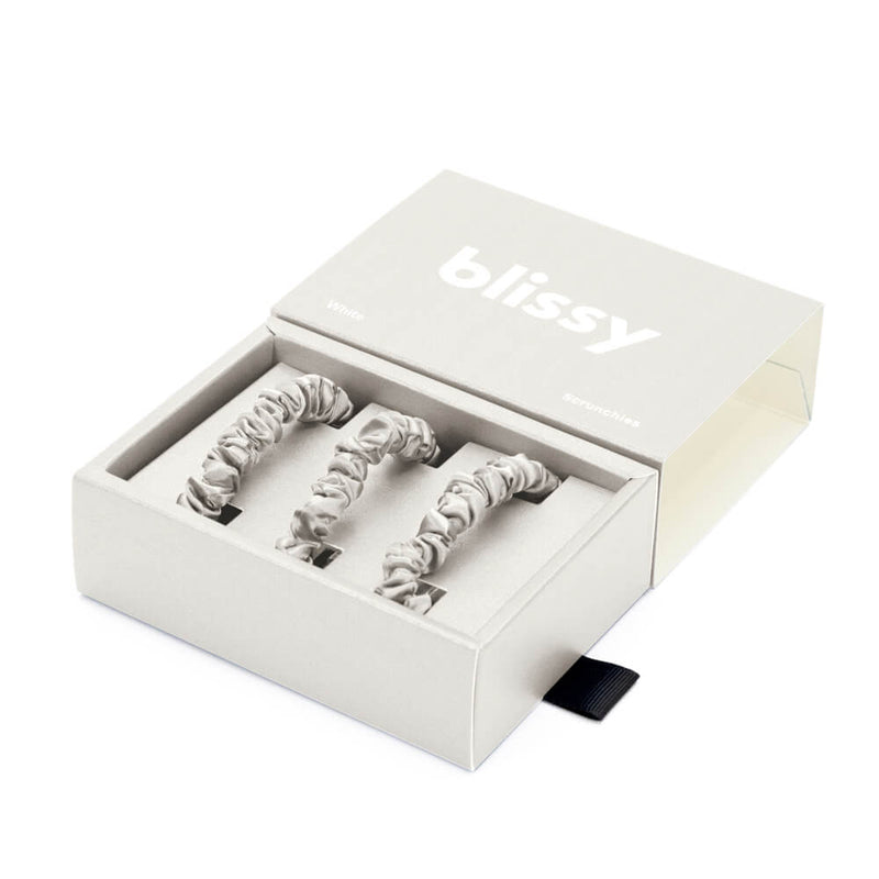 Blissy Skinny Scrunchies - White - 100% Mulberry Silk Hair Ties Blissy Silk Skinny Scrunchies (3-Pack) – Blissy Premium Silk