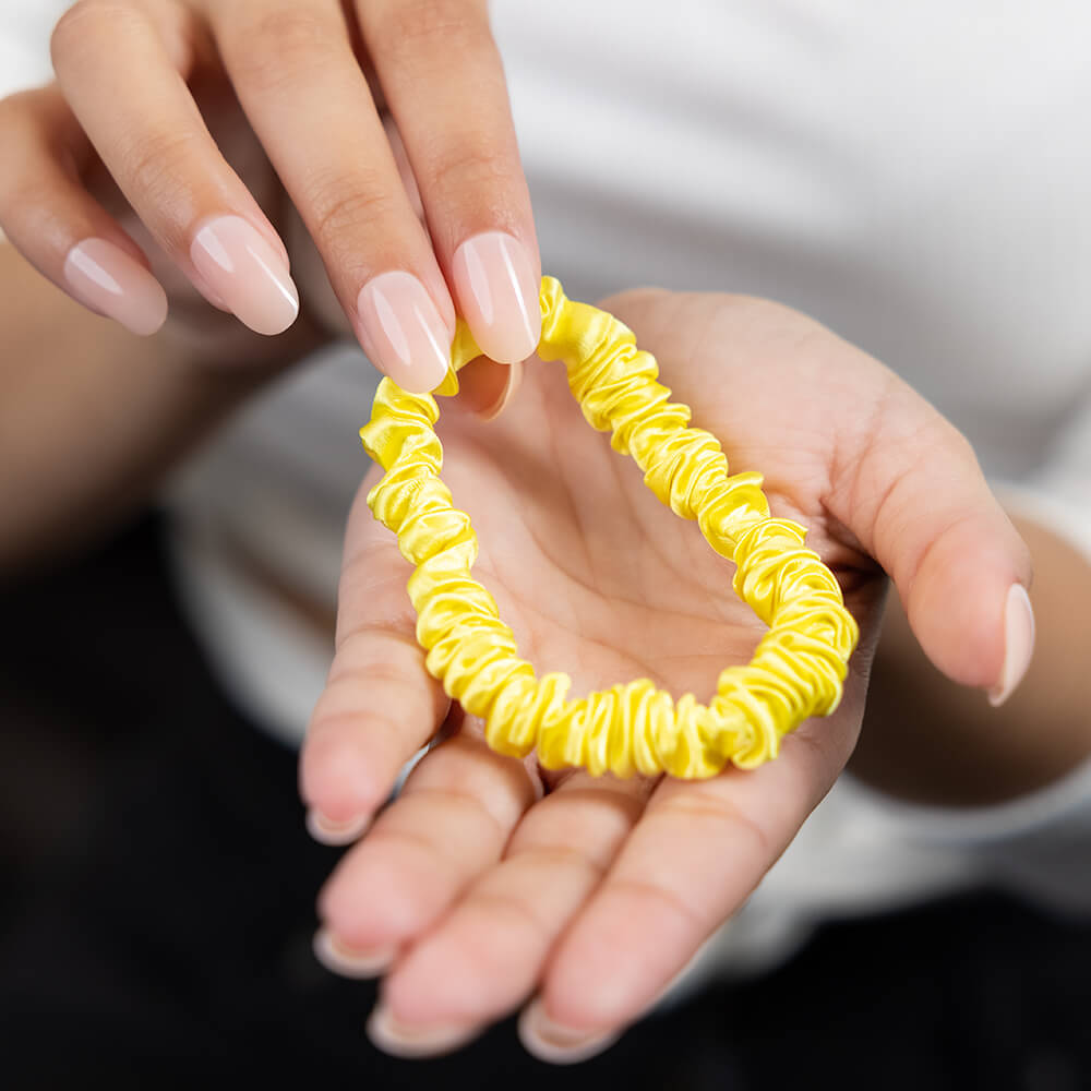 Blissy Sunshine Yellow Blissy Skinny Scrunchies Lifestyle – Mulberry Silk