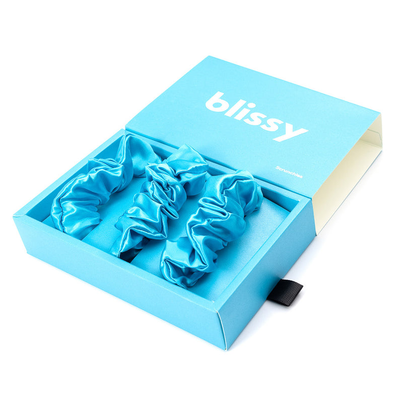Blissy Scrunchies - Bahama Blue - Blissy Bahama Blue Blissy Scrunchies – 22 Momme Mulberry Silk, 100% Silk