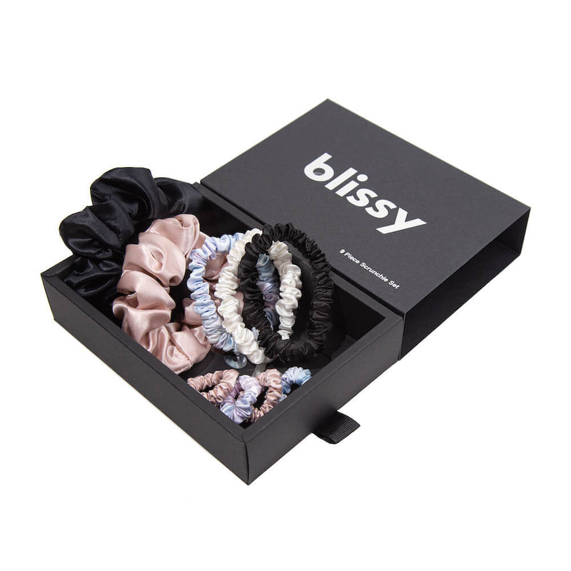 Blissy Scrunchies 9-Piece Set - Black, White, Pink, Tie-Dye - Blissy Black, White, Pink, Tie-Dye Blissy Scrunchies 9-Piece Set – 22 Momme Mulberry Silk, 100% Silk