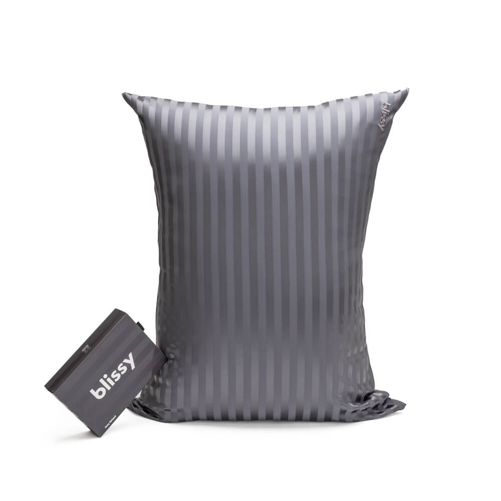 Blissy Standard Grey Striped Pillowcase Lifestyle – Mulberry Silk