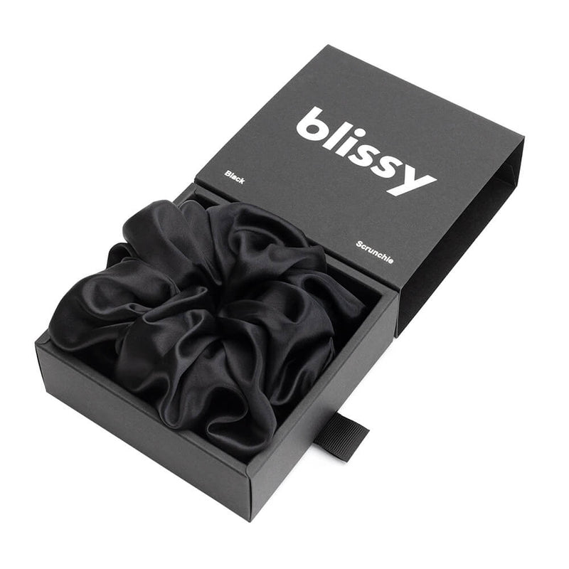 Blissy Oversized Scrunchie - Black - Blissy 100% Mulberry Silk Hair Tie Silk Blissy Oversized Silk Scrunchie Detail –