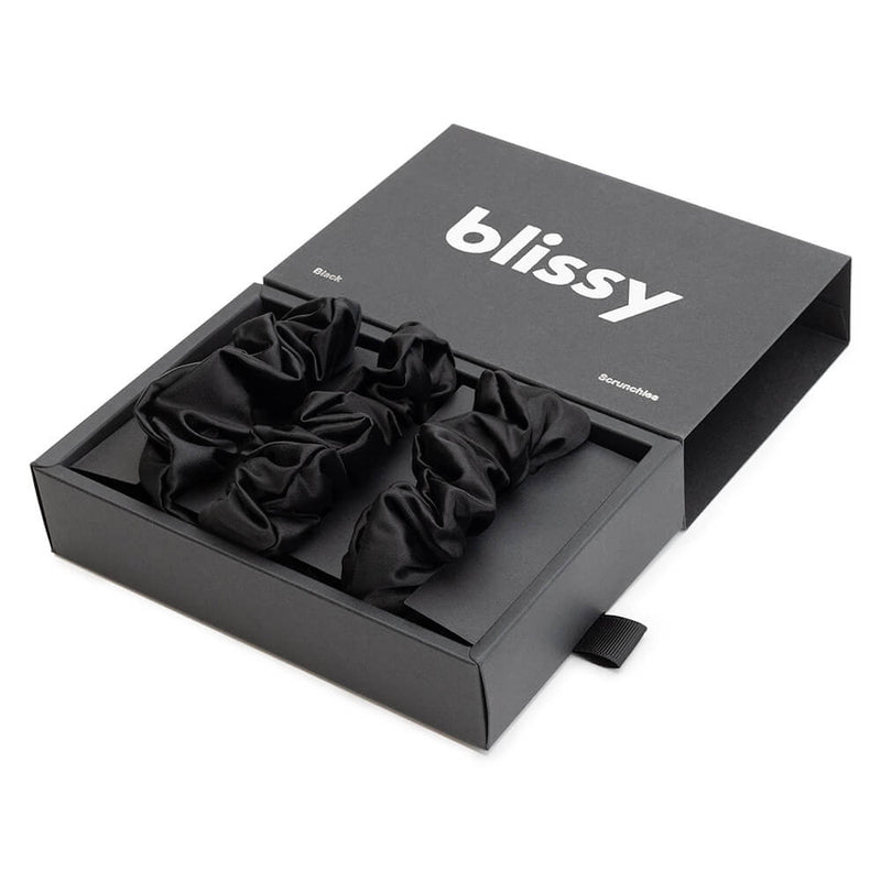 Blissy Scrunchies - Black - 100% Mulberry Silk Hair Ties Blissy Silk Scrunchies (3-Pack) Close-Up – Blissy 22 Momme Silk