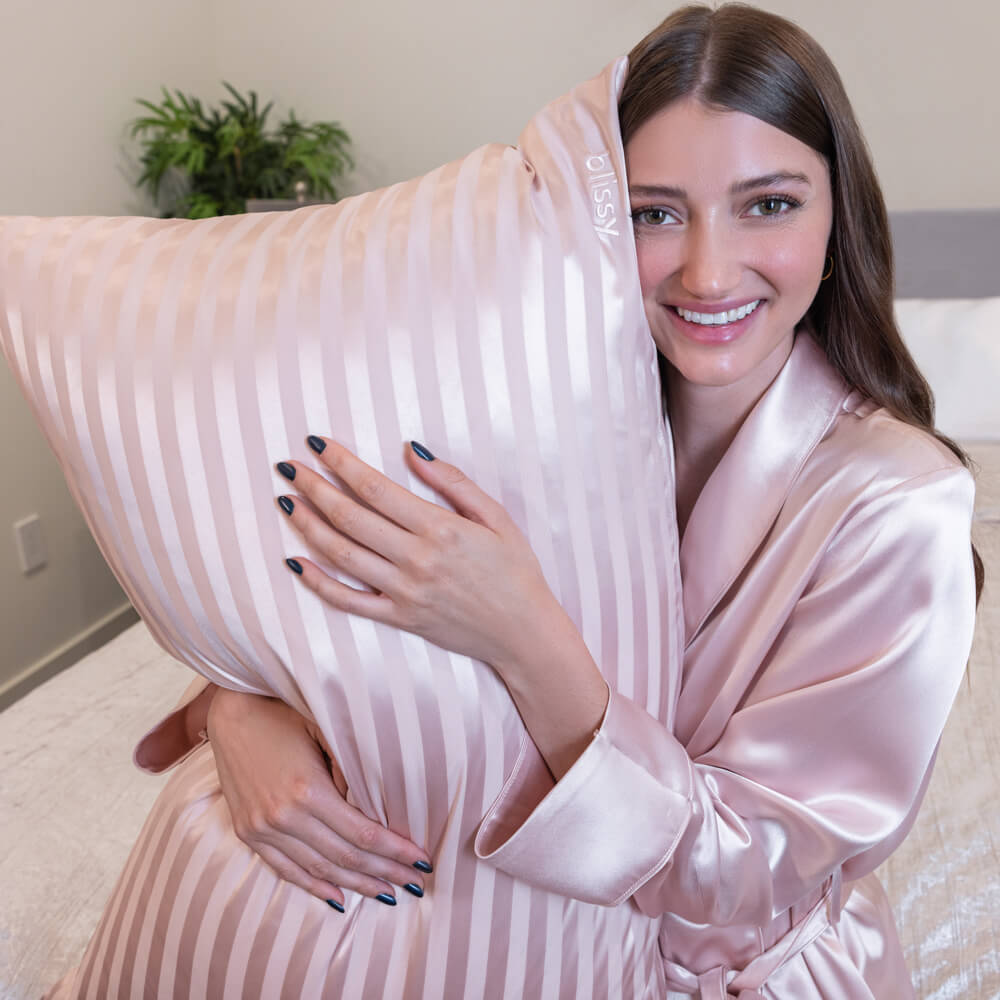 Blissy King Pink Striped Pillowcase Lifestyle – Mulberry Silk