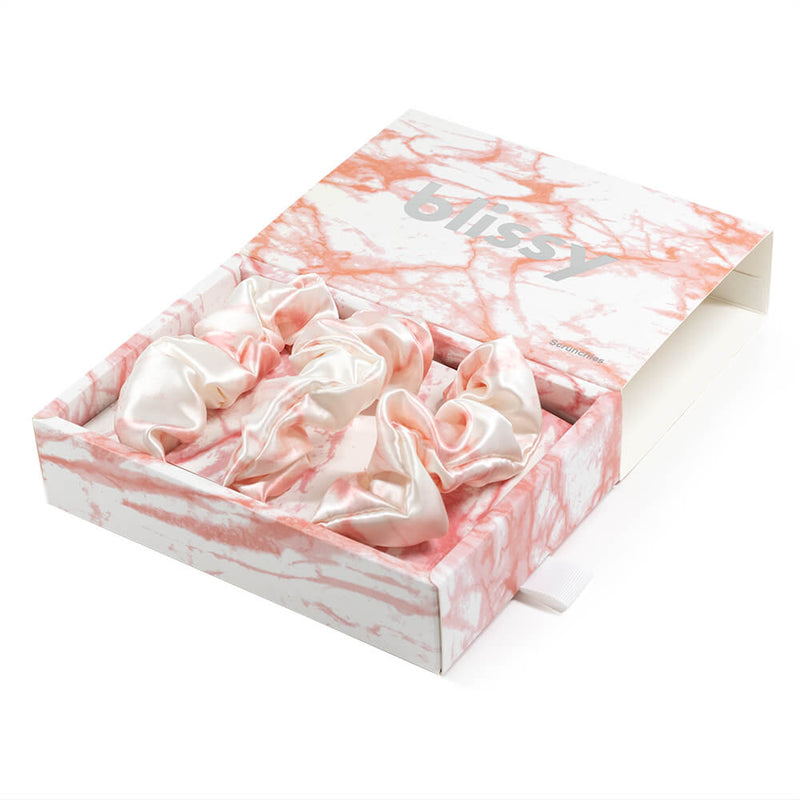 Blissy Scrunchies - Rose White Marble - Blissy Rose White Marble Blissy Scrunchies – 22 Momme Mulberry Silk, 100% Silk