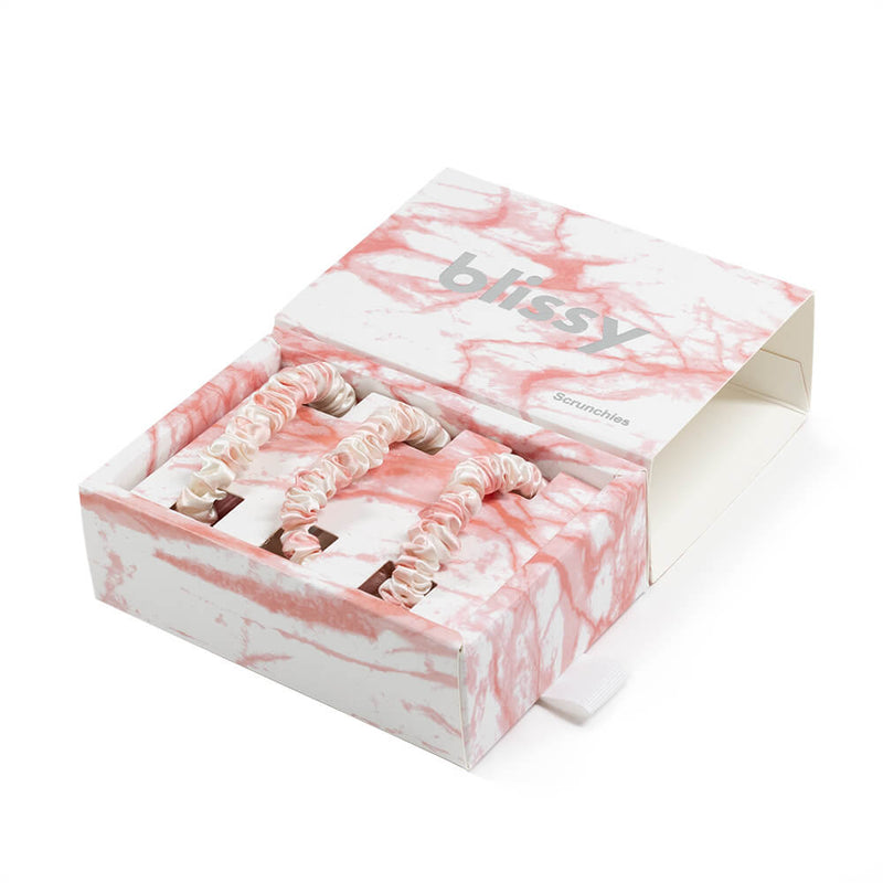 Blissy Skinny Scrunchies - Rose White Marble - Blissy Rose White Marble Blissy Skinny Scrunchies – 22 Momme Mulberry Silk, 100% Silk