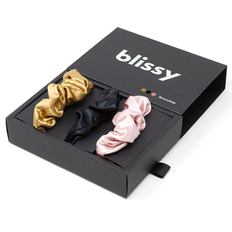 Blissy Scrunchies - Black, Gold, Pink - Blissy Black, Gold, Pink Blissy Scrunchies – 22 Momme Mulberry Silk, 100% Silk