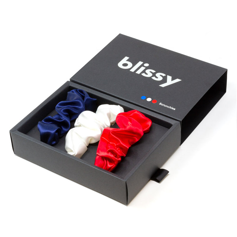 Blissy Scrunchies - Red, White, Blue - Blissy Red, White, Blue Blissy Scrunchies – 22 Momme Mulberry Silk, 100% Silk
