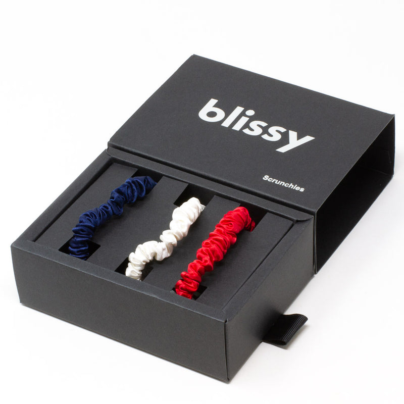 Blissy Skinny Scrunchies - Red, White, Blue - Blissy Red, White, Blue Blissy Skinny Scrunchies – 22 Momme Mulberry Silk, 100% Silk