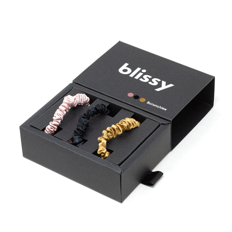 Blissy Skinny Scrunchies - Black, Gold, Pink - Blissy Black, Gold, Pink Blissy Skinny Scrunchies – 22 Momme Mulberry Silk, 100% Silk