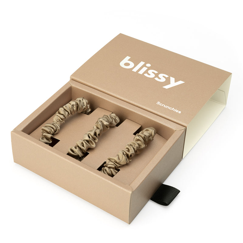Blissy Skinny Scrunchies - Taupe - Blissy Taupe Blissy Skinny Scrunchies – 22 Momme Mulberry Silk, 100% Silk